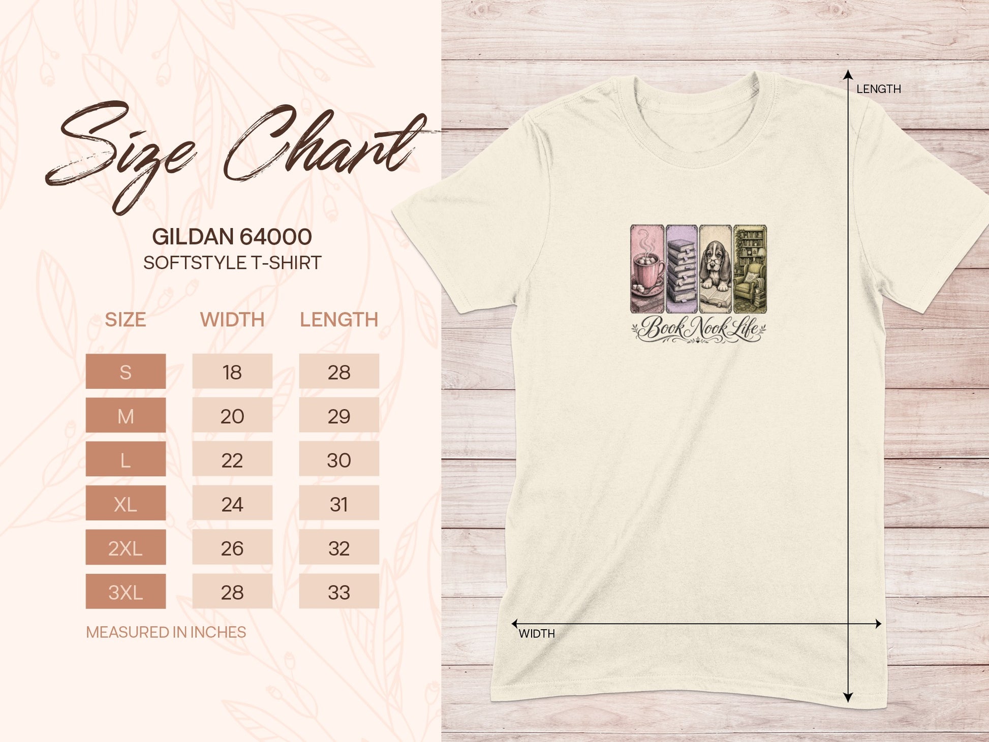 Gildan 64000 softstyle t-shirt size chart with measurements.
