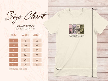 Gildan 64000 softstyle t-shirt size chart with measurements.