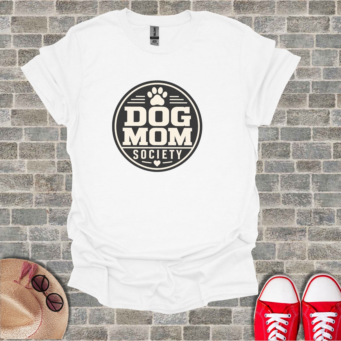White t-shirt with "DOG MOM SOCIETY" text and dog paw logo.