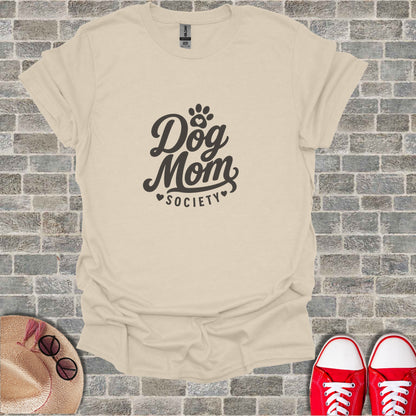 Cream t-shirt with "Dog Mom Society" text and a heart graphic.
