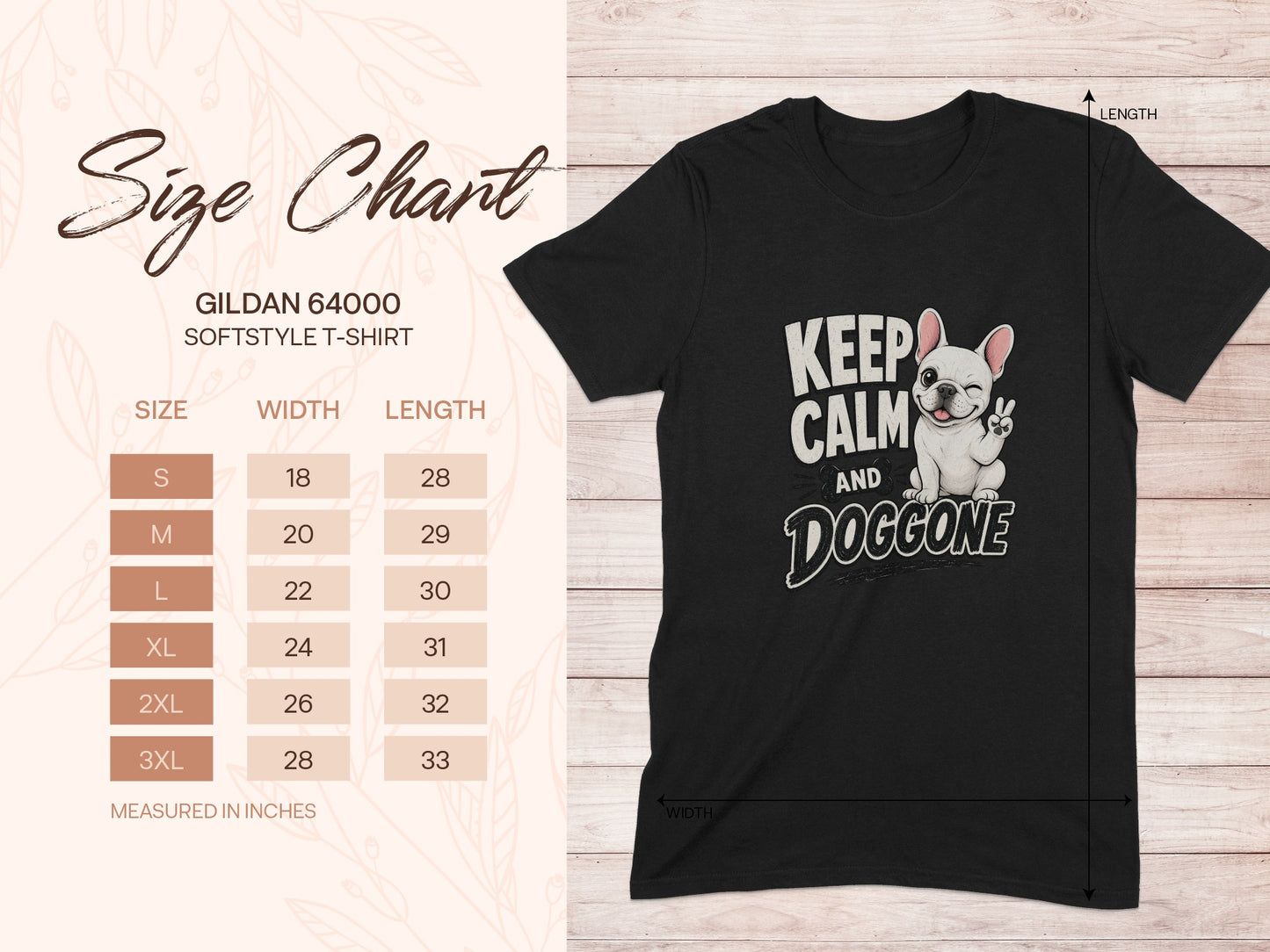 Gildan 64000 size chart with "Keep Calm and Doggone" t-shirt graphic.