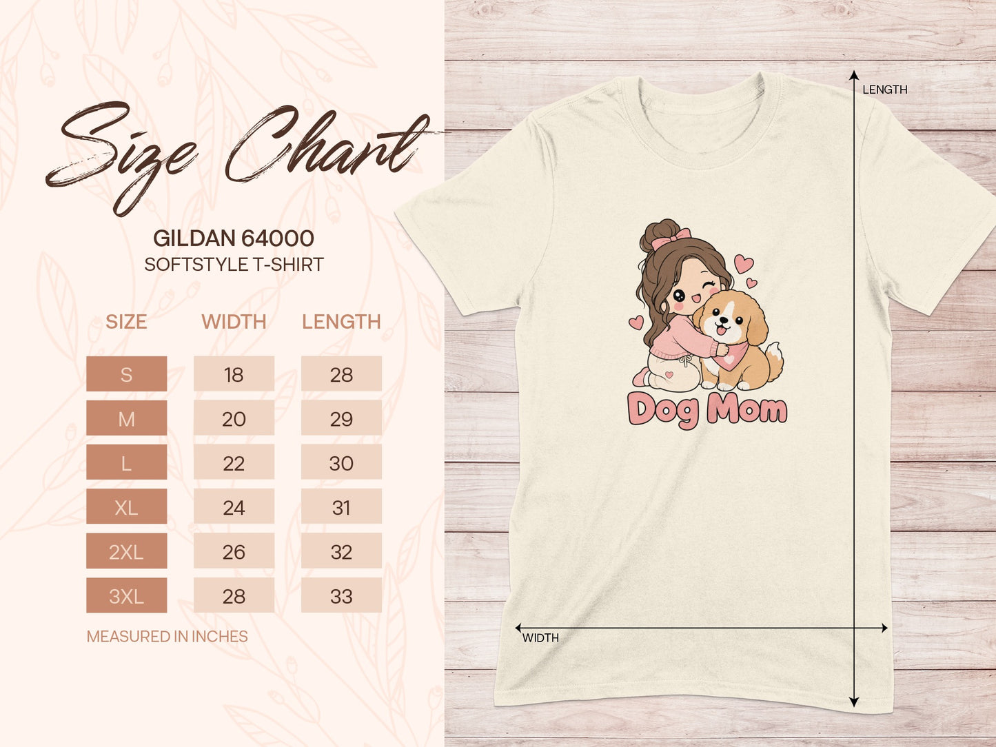 Size chart for Gildan 64000 t-shirt with "Dog Mom" graphic.