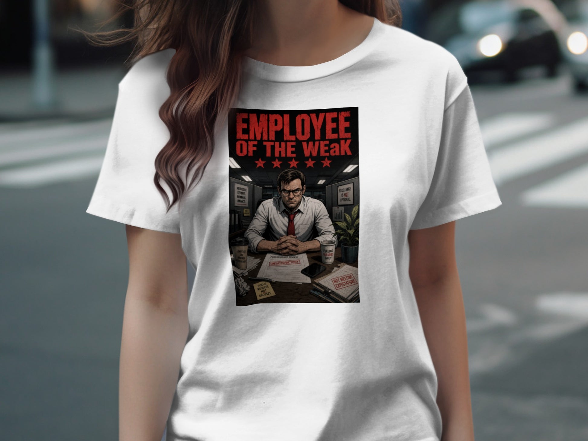 T-shirt graphic with "EMPLOYEE OF THE WEAK" text and review notices.