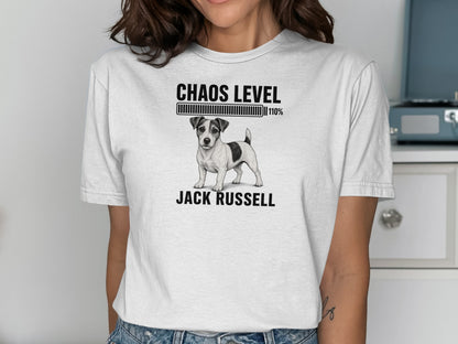 White t-shirt with black illustration of a Jack Russell dog and "Chaos Level 110%" text.