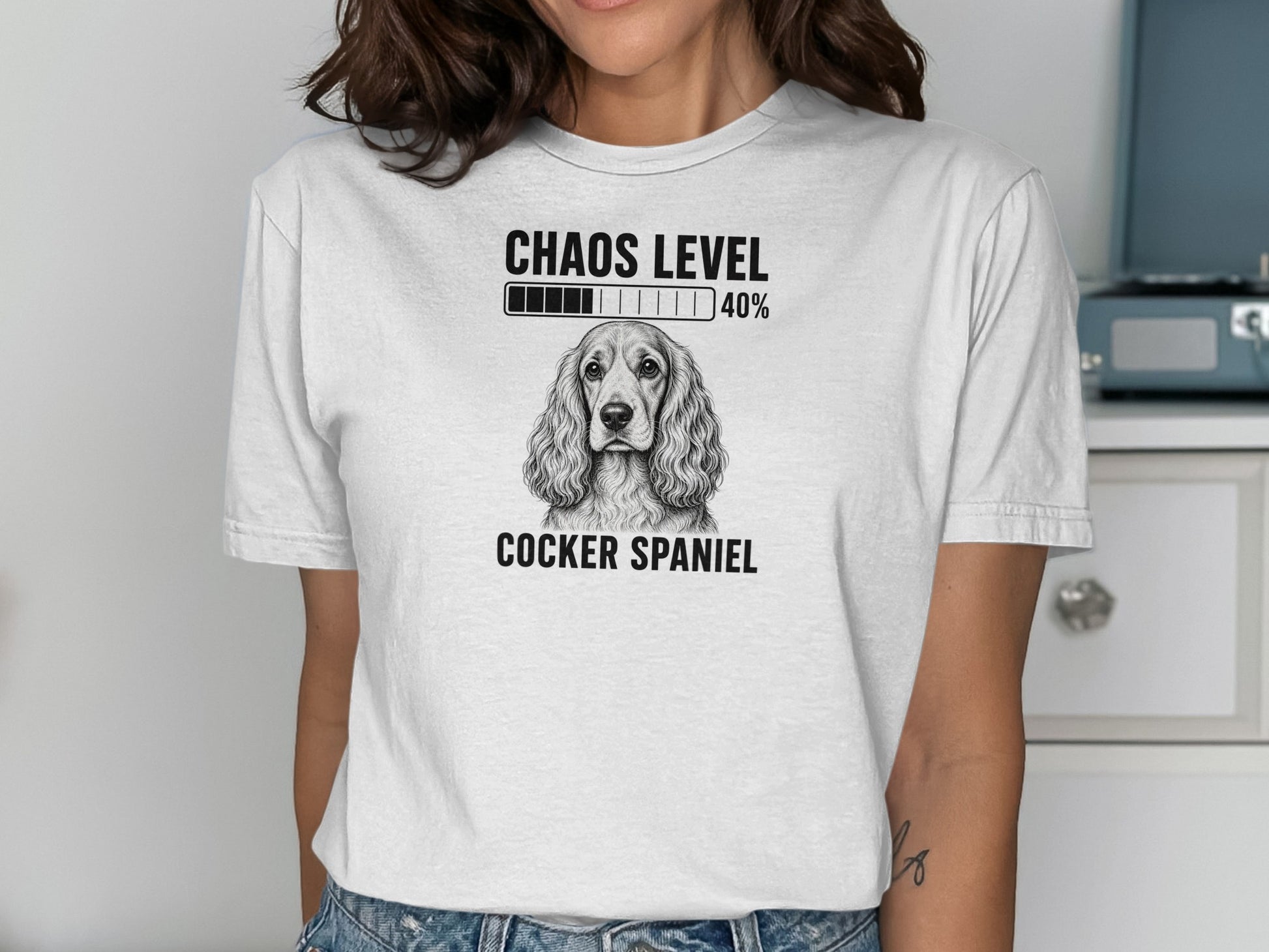T-shirt with a Cocker Spaniel graphic and "Chaos Level 40%" text.