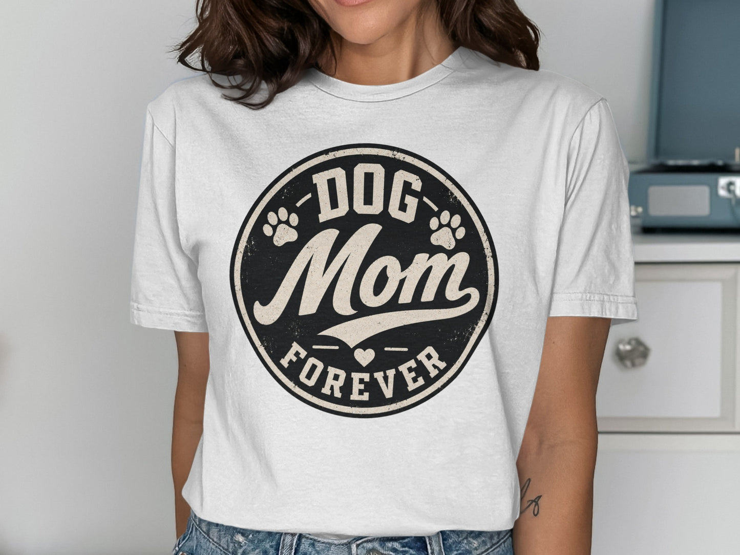White t-shirt with "DOG MOM FOREVER" and paw print graphic.