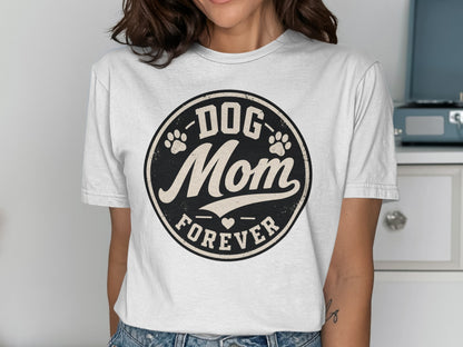 White t-shirt with "DOG MOM FOREVER" and paw print graphic.