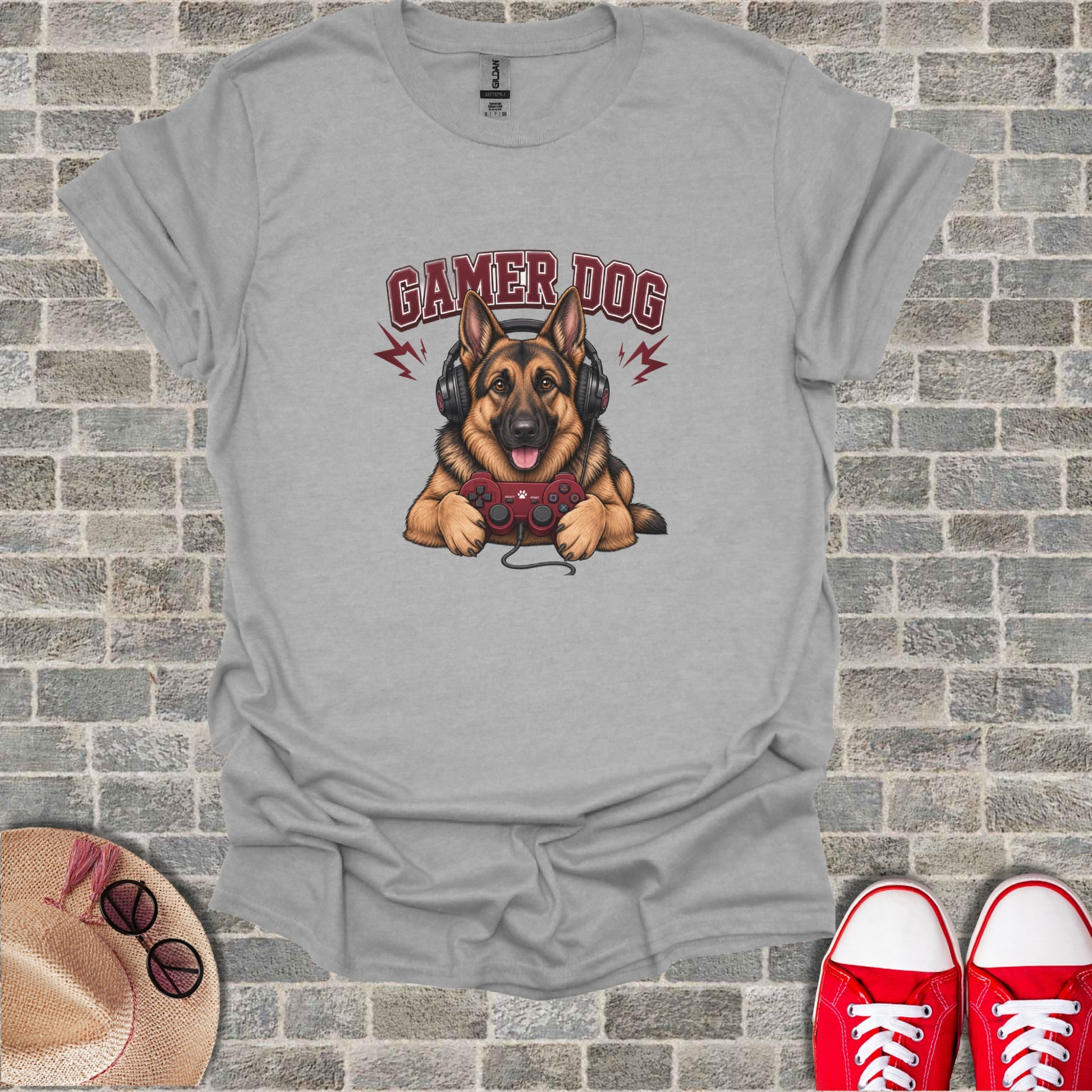 German Shepherd wearing headphones and holding a video game controller.