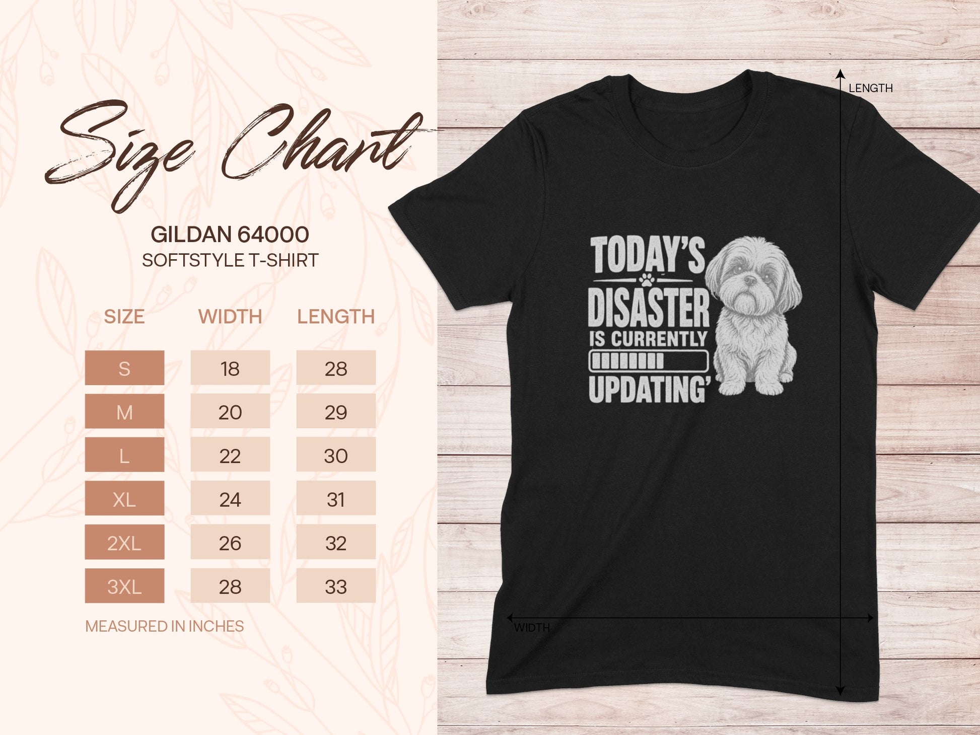 Gildan 64000 t-shirt size chart with "Today's disaster is currently updating" graphic.