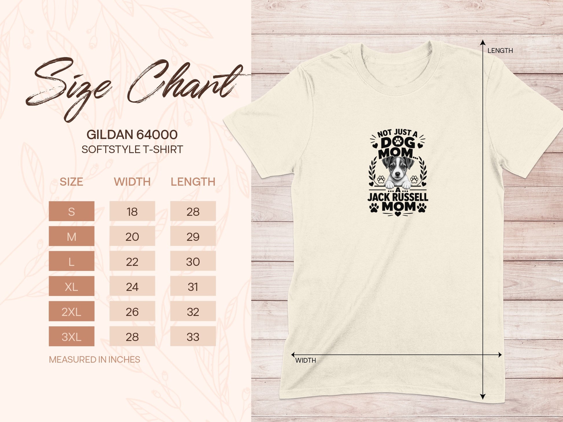 Size chart for Gildan 64000 softstyle t-shirt with Jack Russell mom graphic.