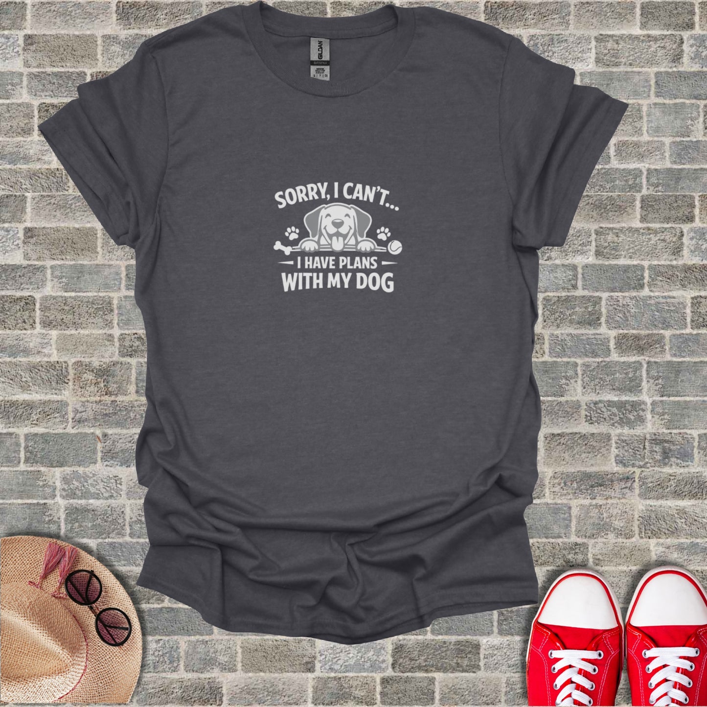Dark gray t-shirt with "Sorry, I Can't... I Have Plans With My Dog" text.