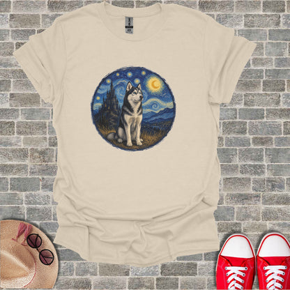 Husky dog under a starry Van Gogh-style night sky on a light tan t-shirt.