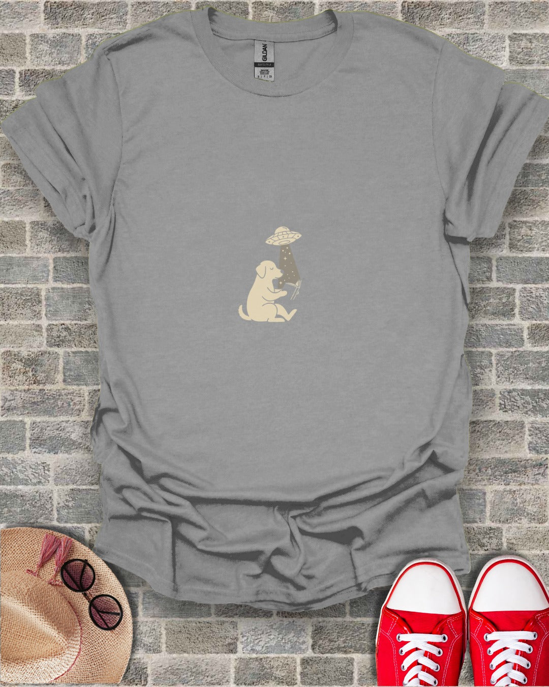 Cute Dog with UFO Graphic Grey T-shirt