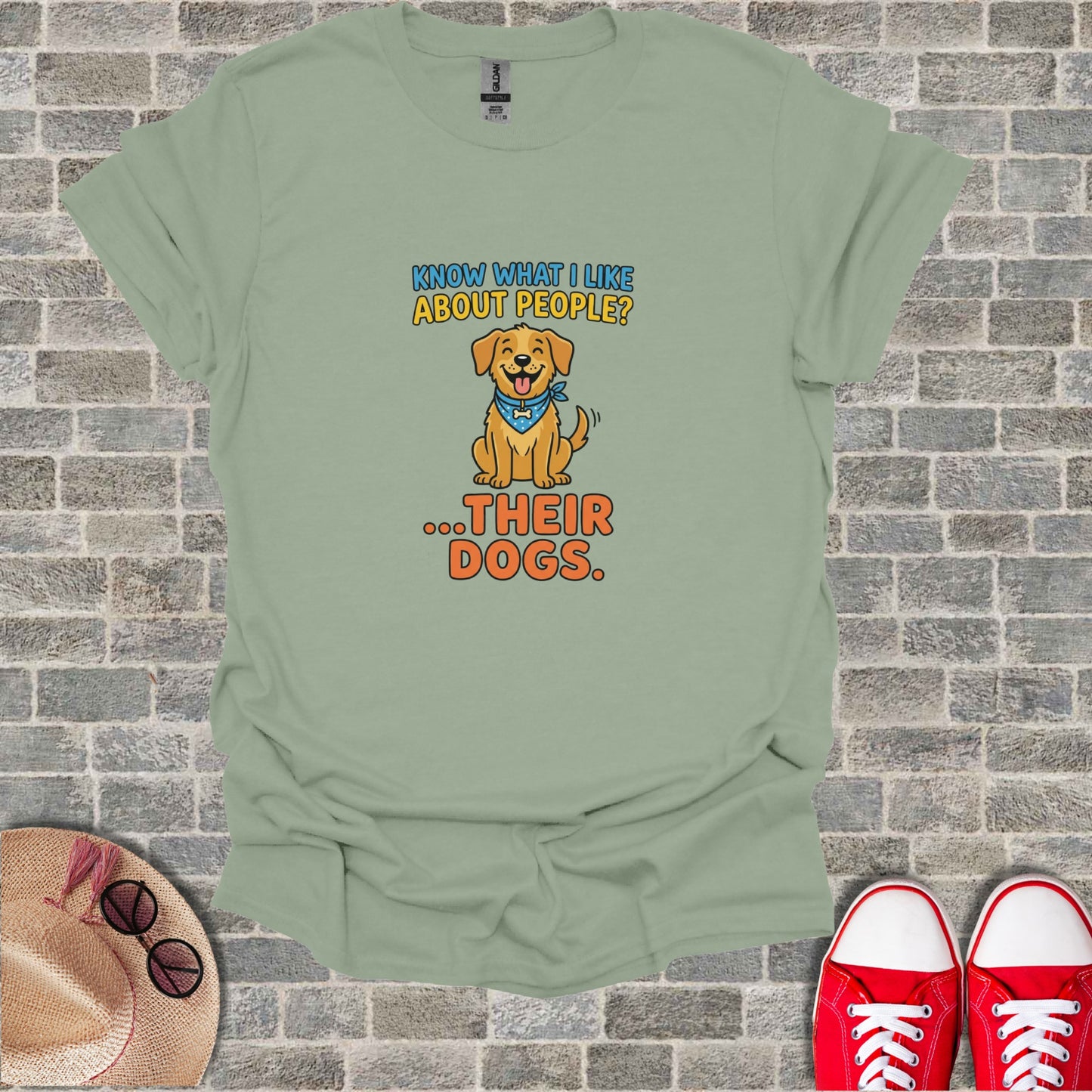 T-shirt with cartoon dog and text "Know what I like about people? ...Their dogs."