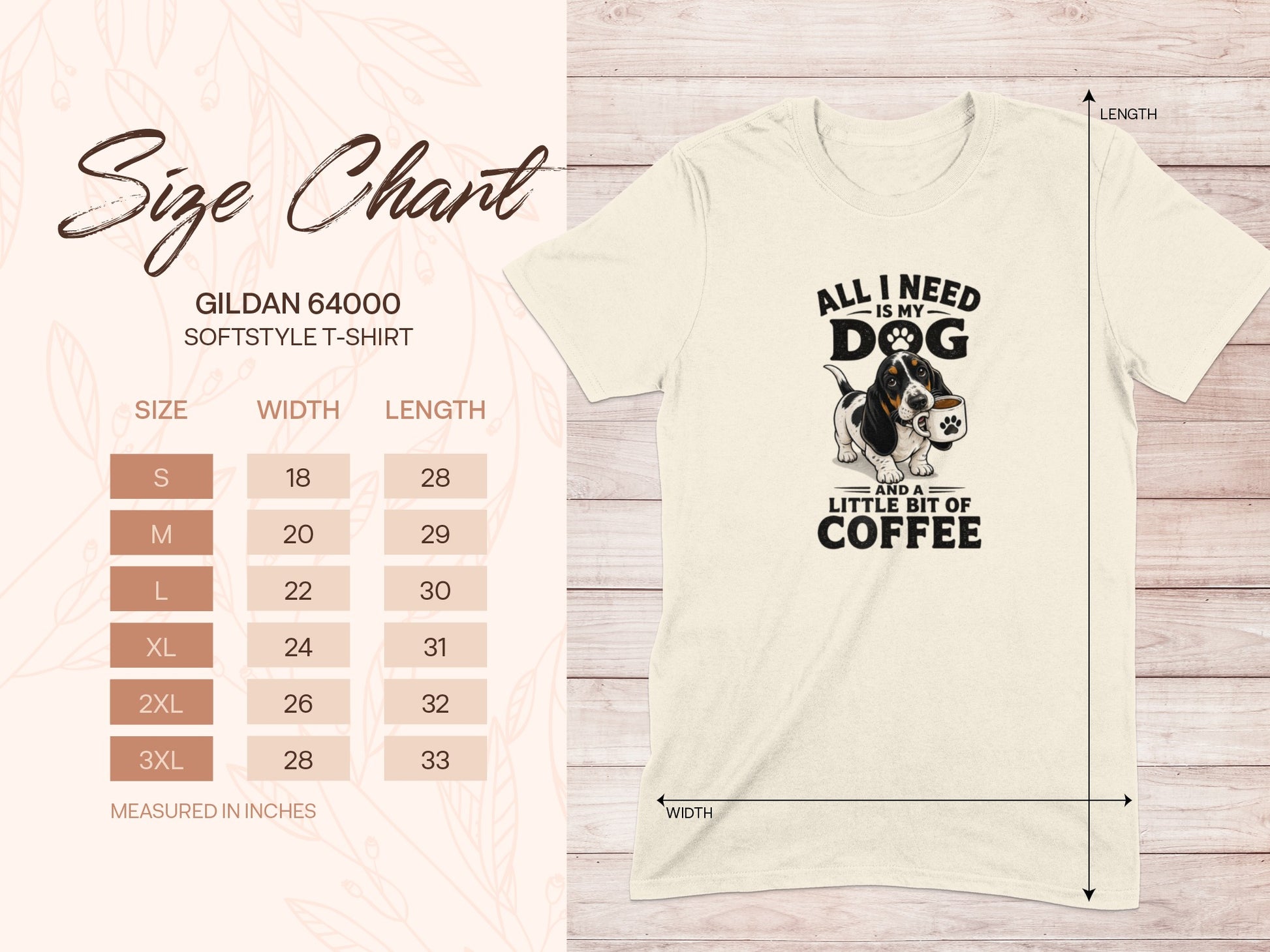 Gildan 64000 t-shirt size chart with dog graphic.