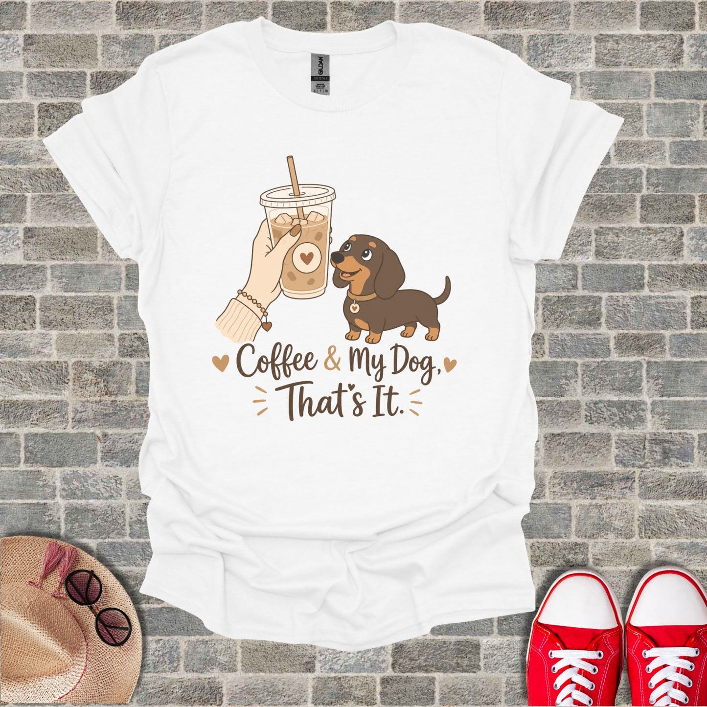 White t-shirt with cartoon dachshund, coffee cup, and text "Coffee & My Dog, That's It."