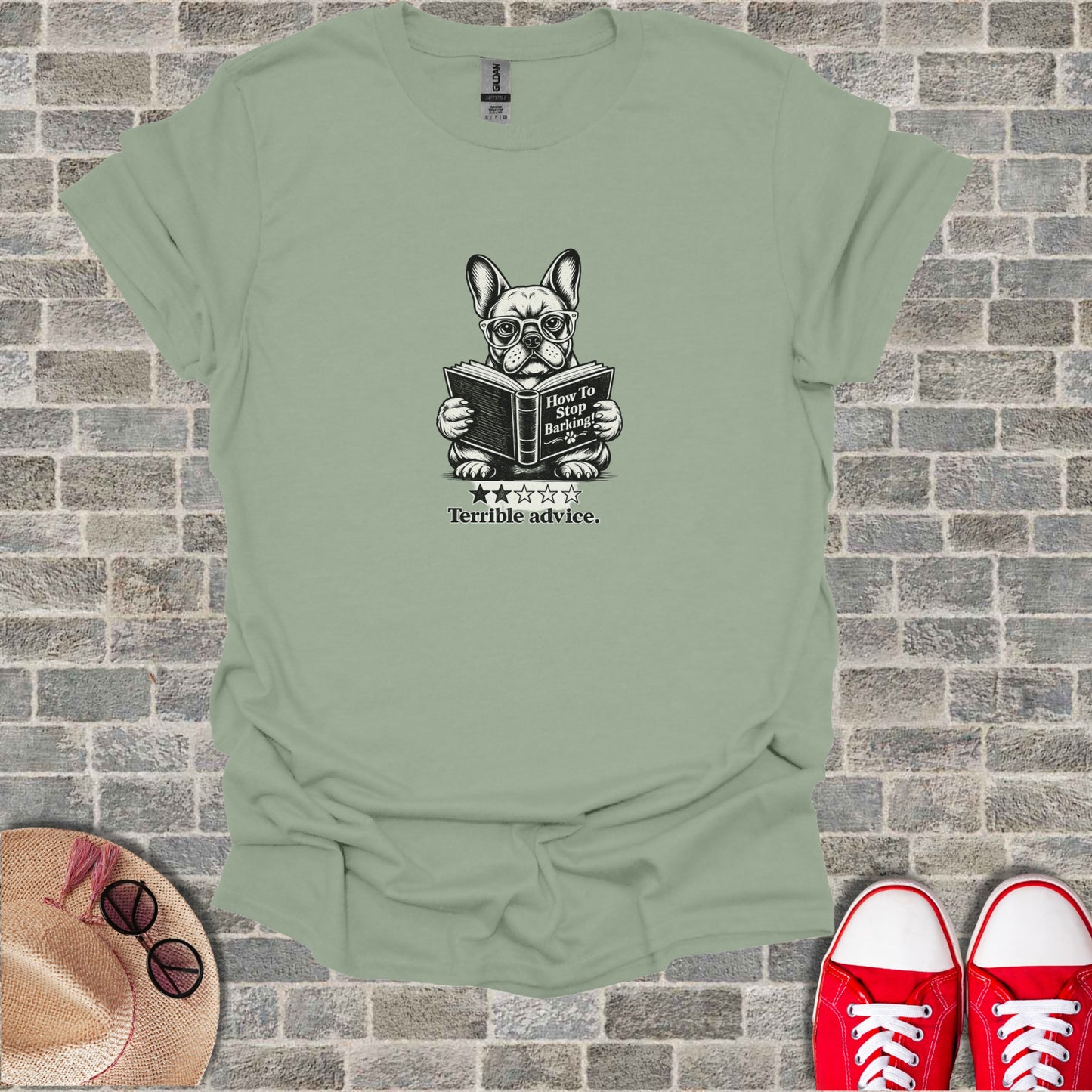 French bulldog wearing glasses reads "How to Stop Barking."