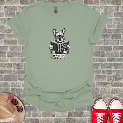 French bulldog wearing glasses reads "How to Stop Barking."