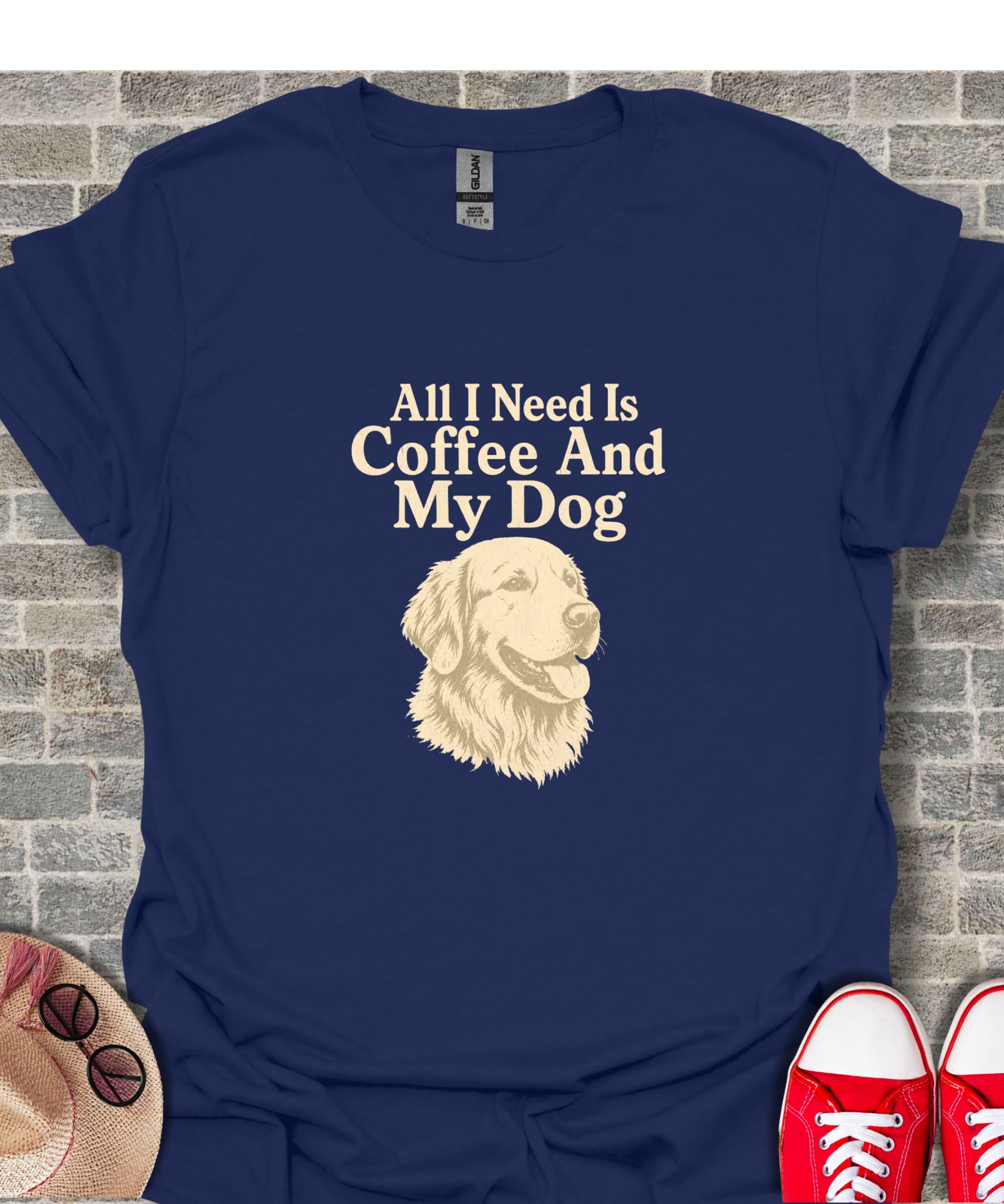 Navy t-shirt with "All I Need Is Coffee And My Dog" text and golden retriever illustration.