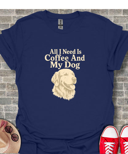 Navy t-shirt with "All I Need Is Coffee And My Dog" text and golden retriever illustration.