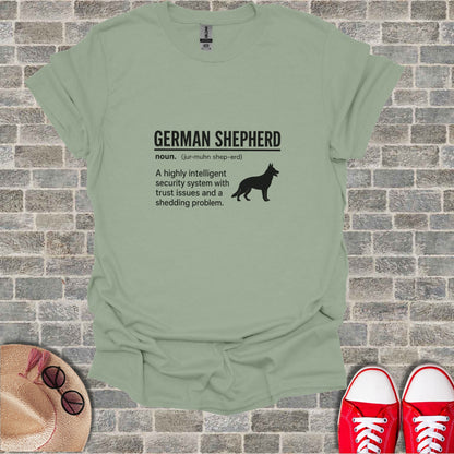 German Shepherd definition with illustration on a light green t-shirt.
