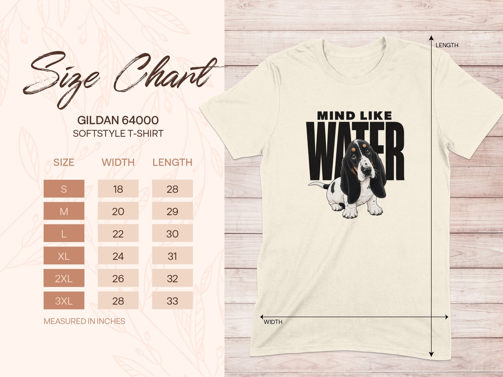 Gildan 64000 Softstyle T-Shirt size chart with dog graphic.