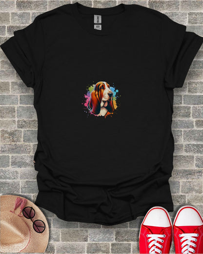 Black crew neck t-shirt with a watercolor Basset Hound design on the chest.