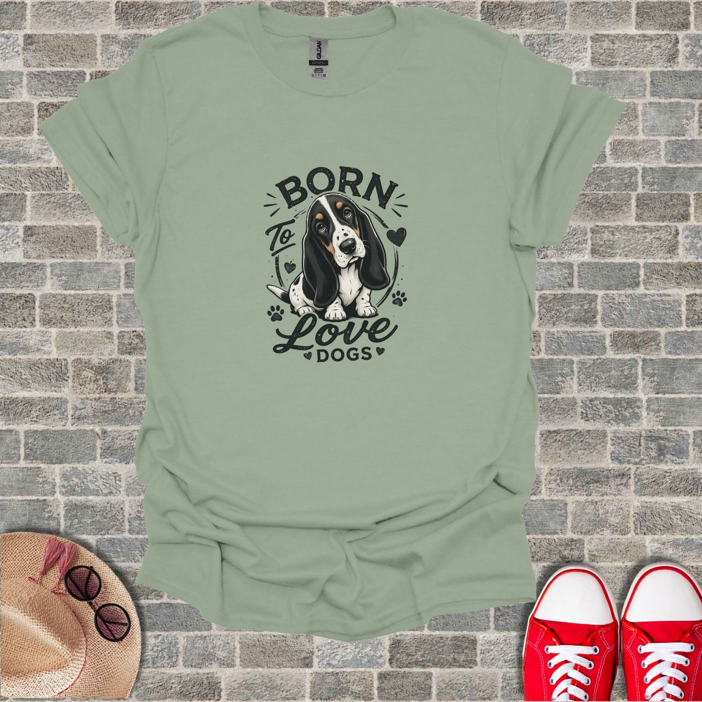 T-shirt with "Born to Love Dogs" text and a Basset Hound illustration.
