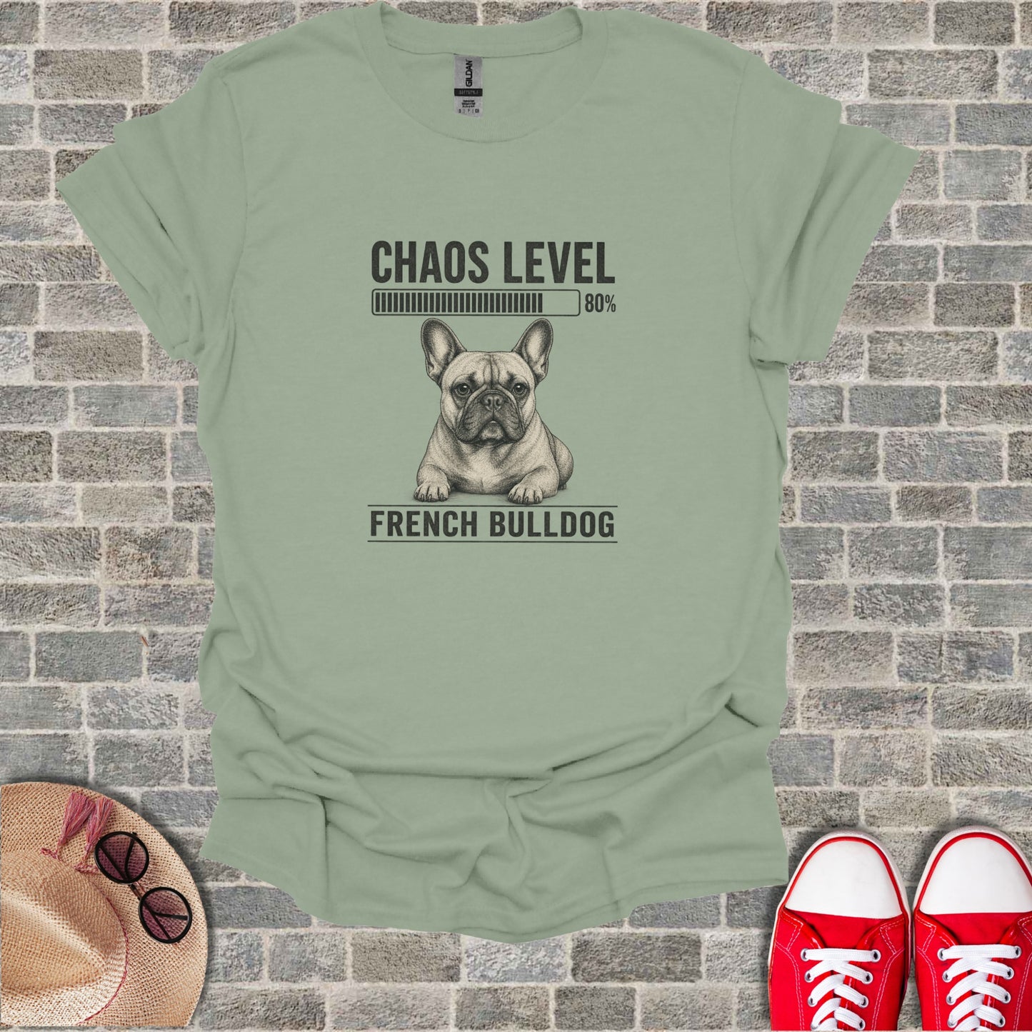 French Bulldog with "Chaos Level 80%" loading bar text.