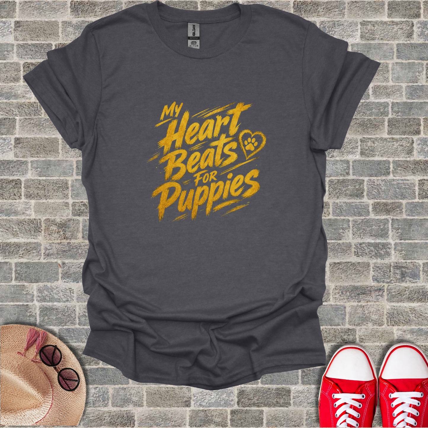 Dark grey t-shirt with "My Heart Beats For Puppies" text and heart icon.