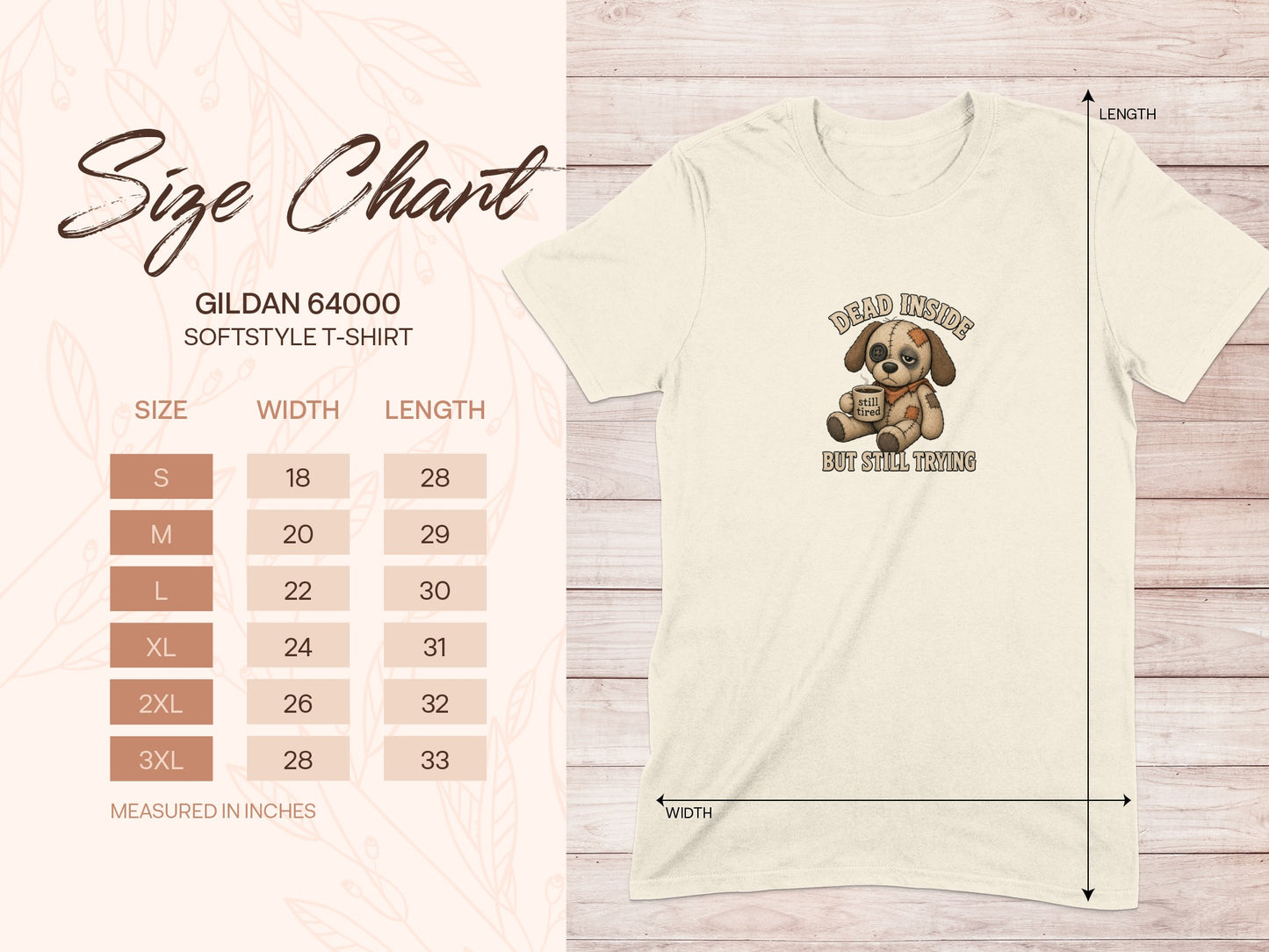 Gildan 64000 Softstyle T-Shirt size chart with dog graphic.