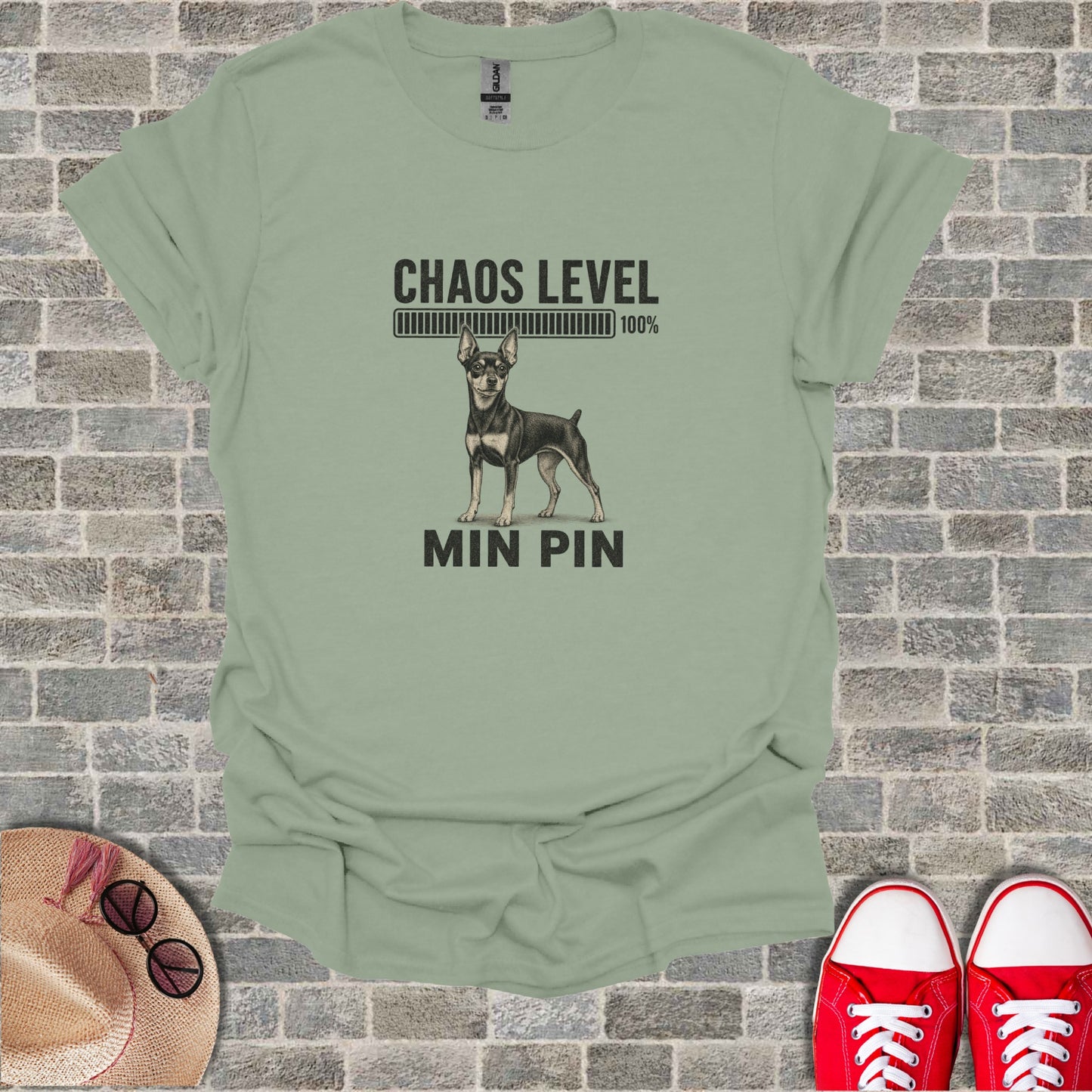 Min Pin t-shirt with loading bar and text "CHAOS LEVEL 100% MIN PIN".