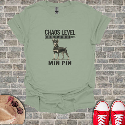 Min Pin t-shirt with loading bar and text "CHAOS LEVEL 100% MIN PIN".