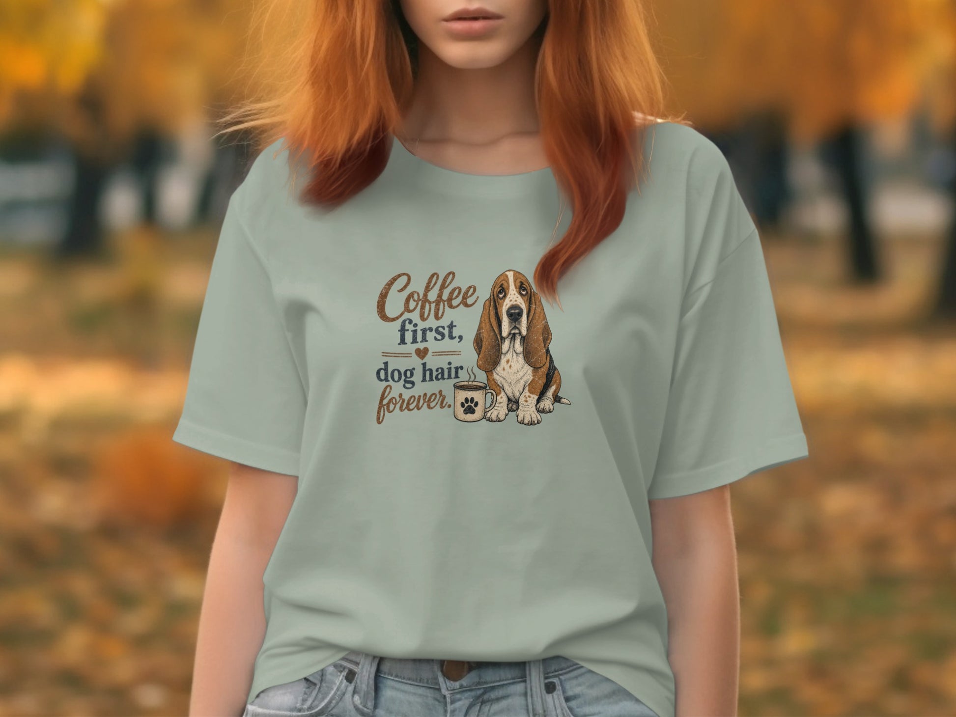 Basset hound wearing glasses with coffee cup, text "Coffee first, dog hair forever".