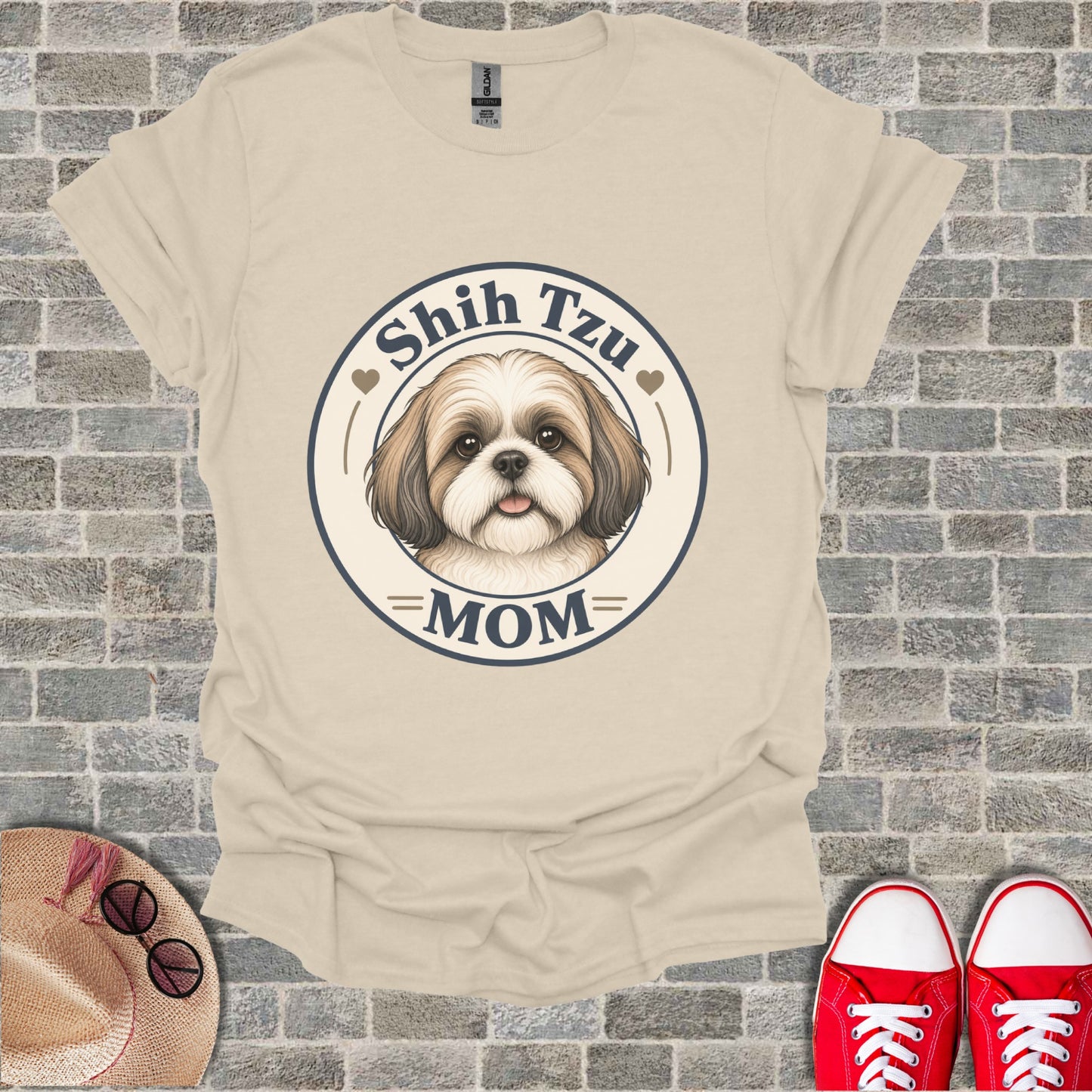 Cream t-shirt with Shih Tzu Mom graphic featuring a dog's face.
