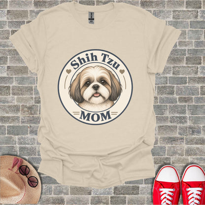 Cream t-shirt with Shih Tzu Mom graphic featuring a dog's face.