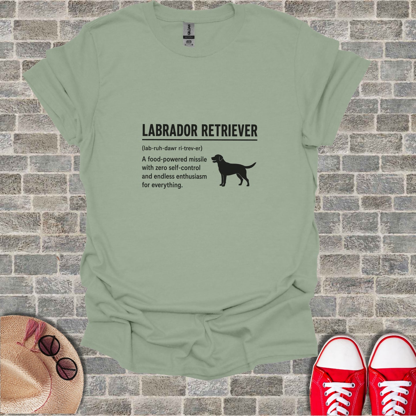 Light sage t-shirt with Labrador Retriever definition and silhouette.
