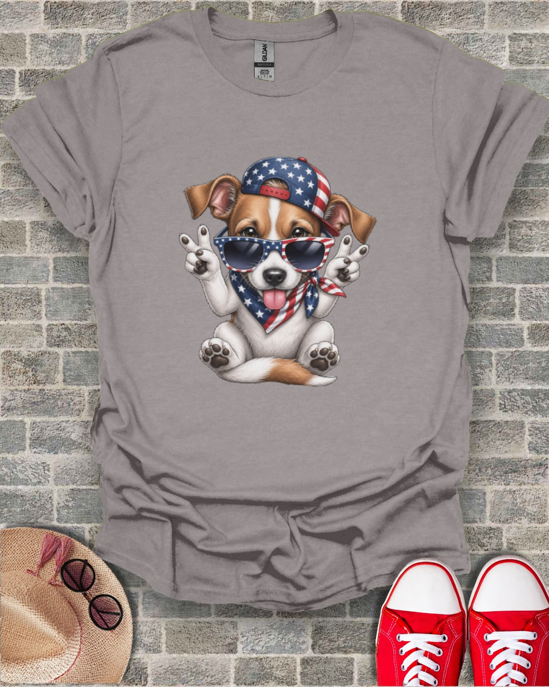 Dog wearing sunglasses and American flag bandana, giving peace signs.