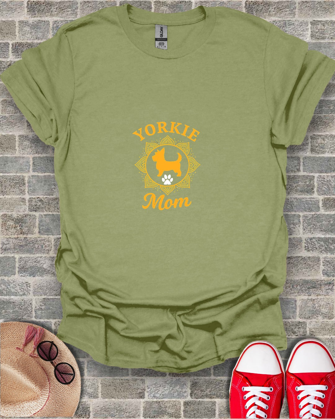 Olive green t-shirt with "Yorkie Mom" text and mandala design.