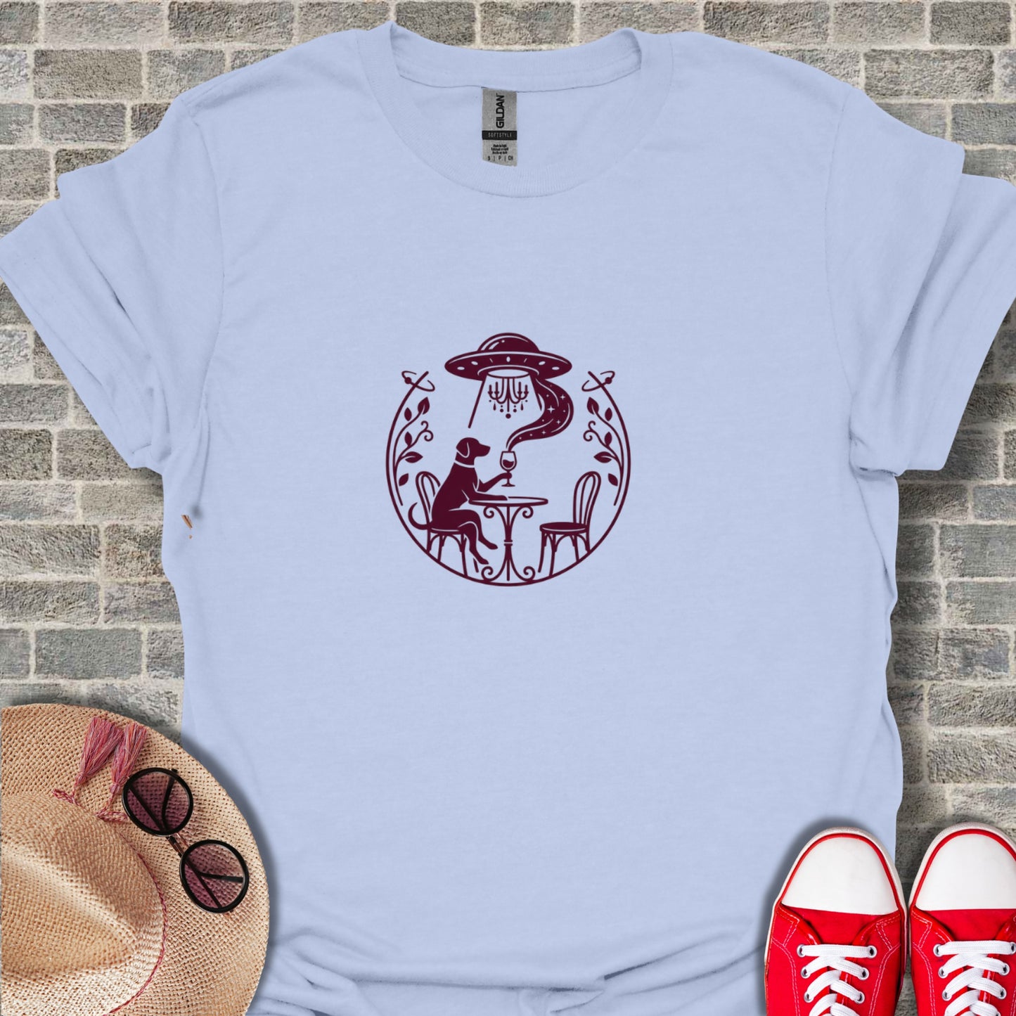 Unique Alien UFO and Dog Café Scene Graphic T-shirt