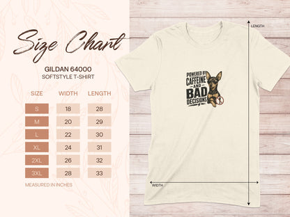 Gildan 64000 t-shirt size chart with width and length measurements.