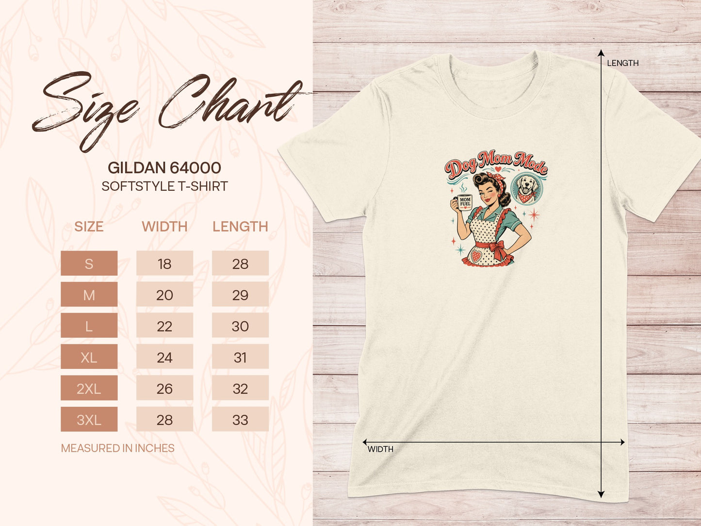 Gildan 64000 softstyle t-shirt size chart with "Dog Mom Mode" graphic.