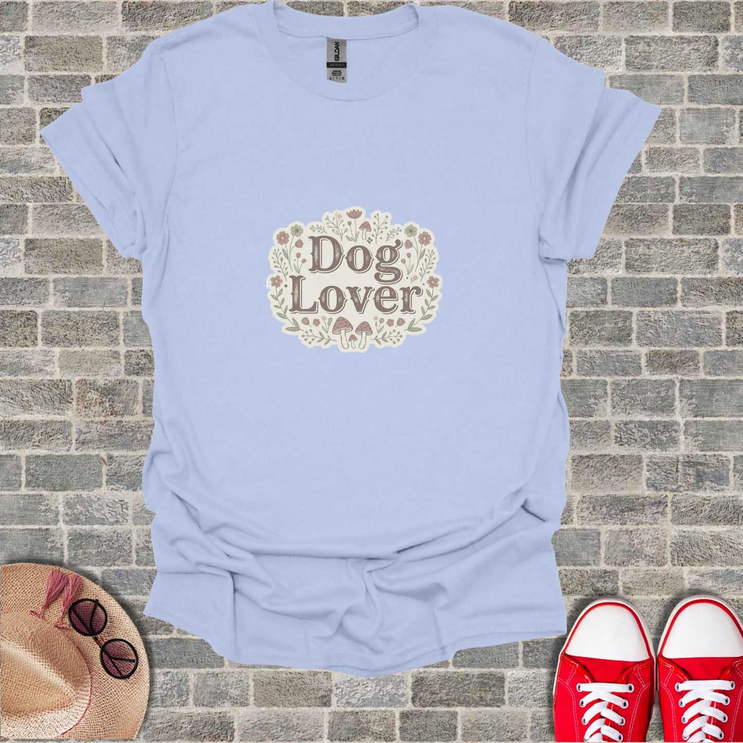 Light blue t-shirt with "Dog Lover" text and floral illustration.