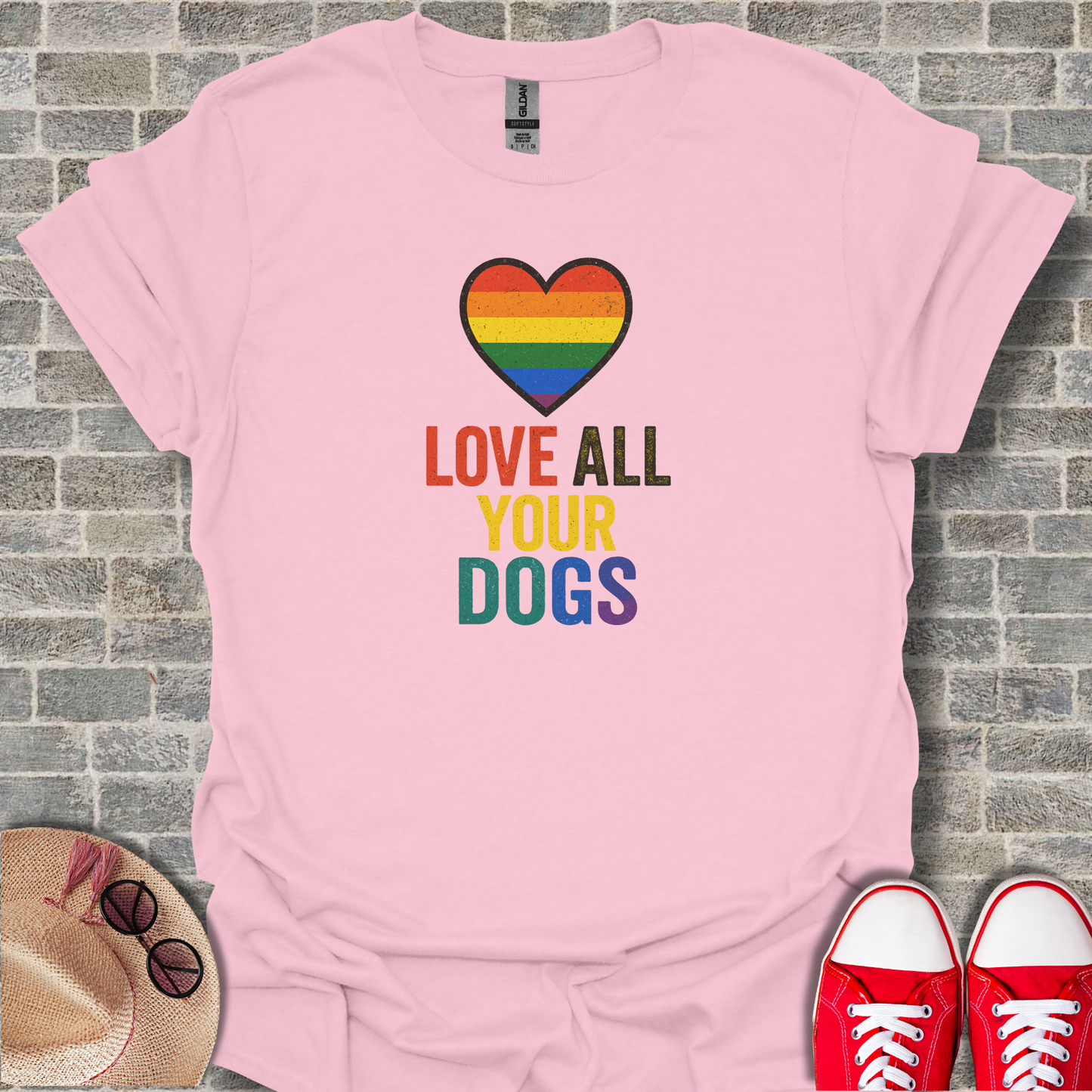 Love All Your Dogs T-Shirt — Rainbow Heart Dog Lover Tee