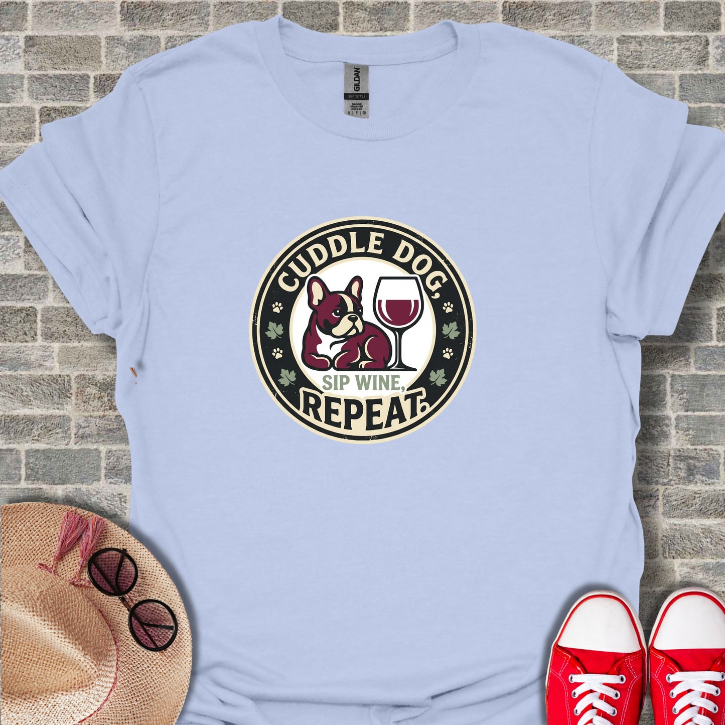 Cuddle Dog Sip Wine Repeat Graphic T-Shirt