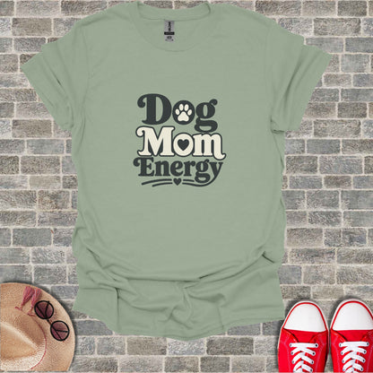 Sage t-shirt with "Dog Mom Energy" text and a heart graphic.