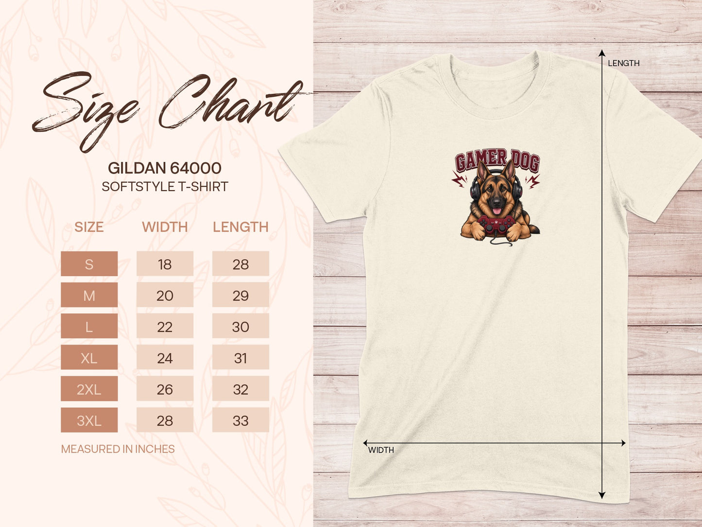 Gildan 64000 Softstyle T-Shirt size chart with gamer dog graphic.