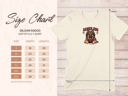 Gildan 64000 Softstyle T-Shirt size chart with gamer dog graphic.