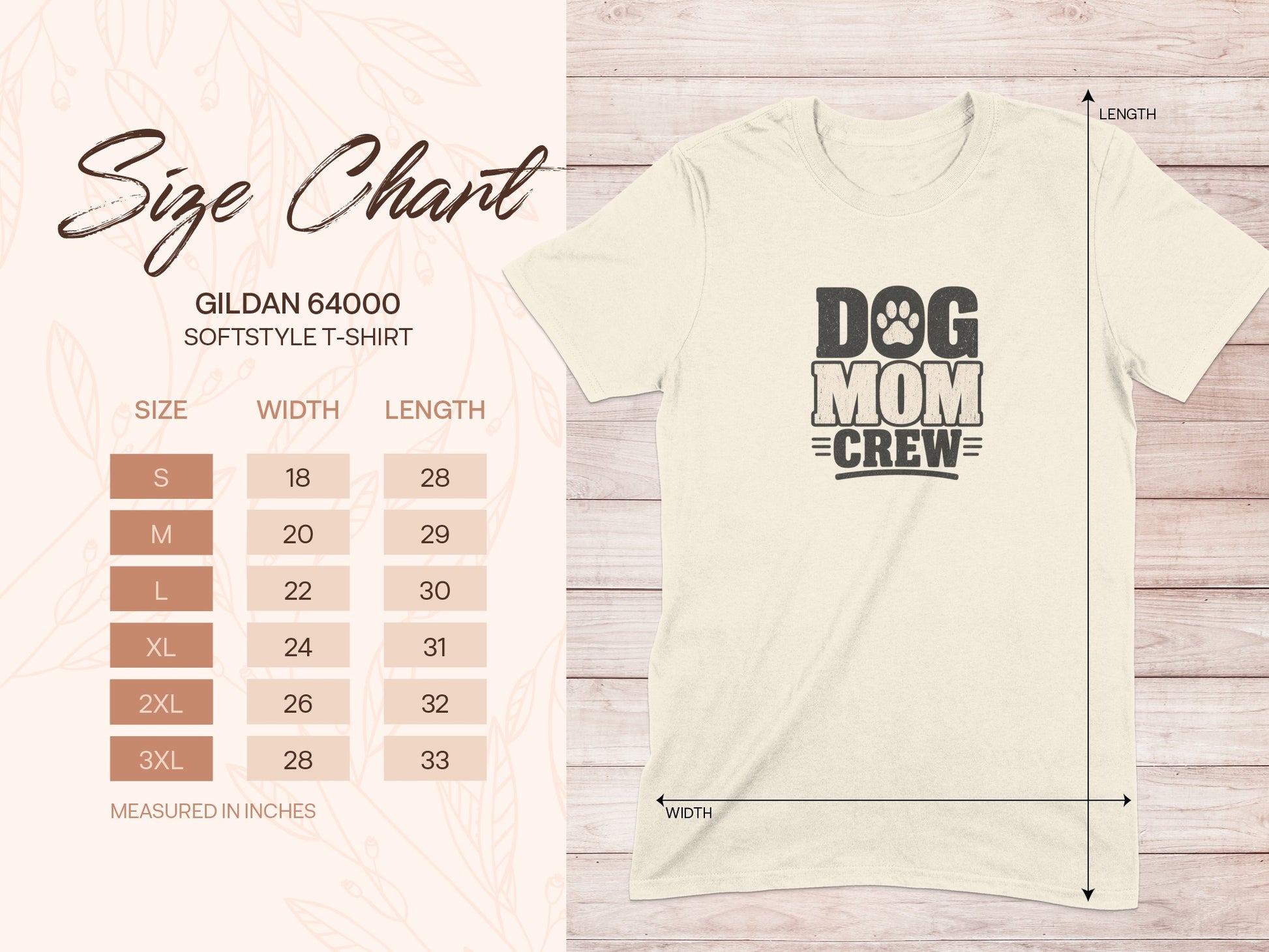 Gildan 64000 softstyle t-shirt size chart with dog mom crew graphic.