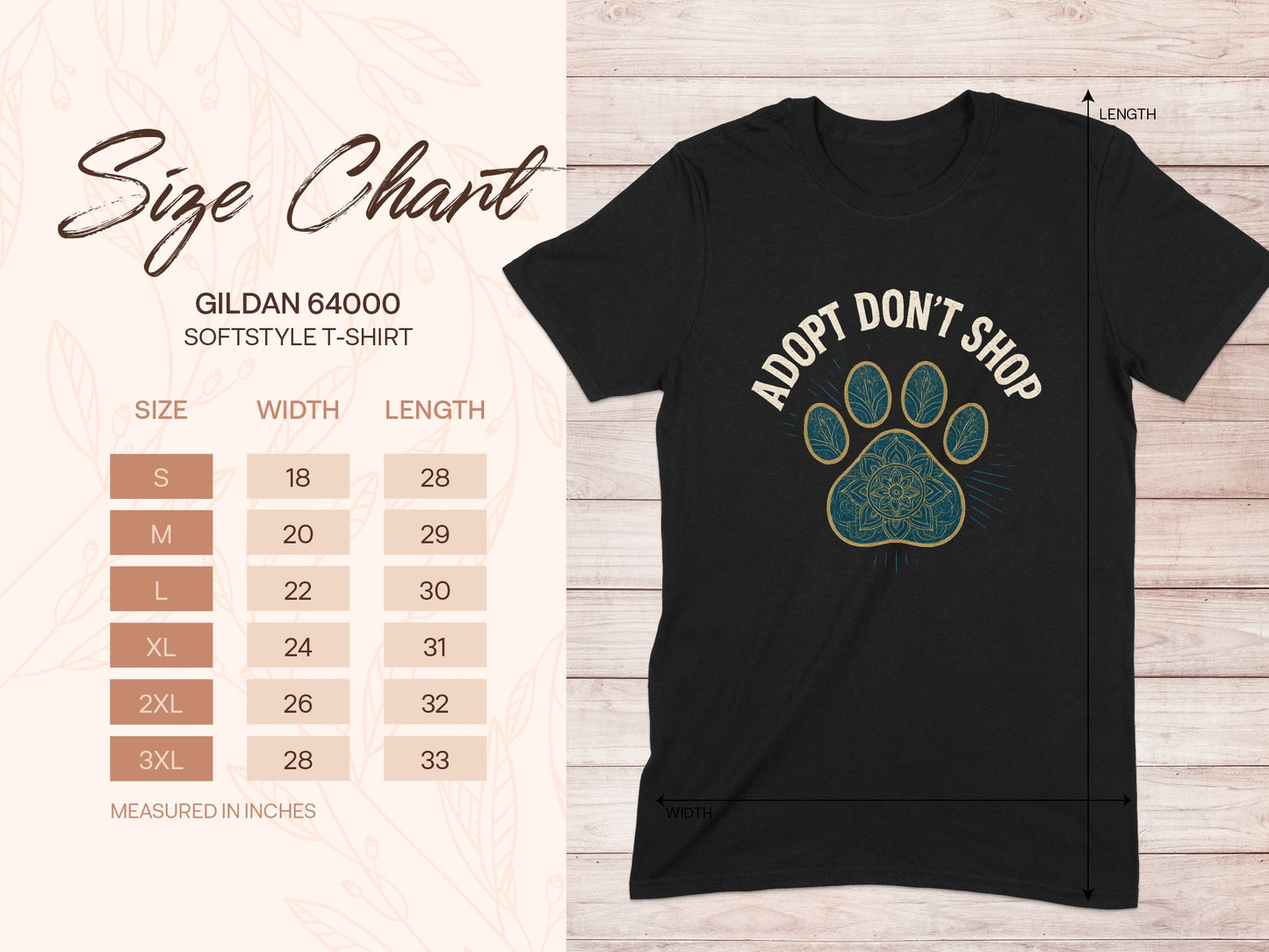 Gildan 64000 softstyle t-shirt size chart with "Adopt Don't Shop" paw print graphic.